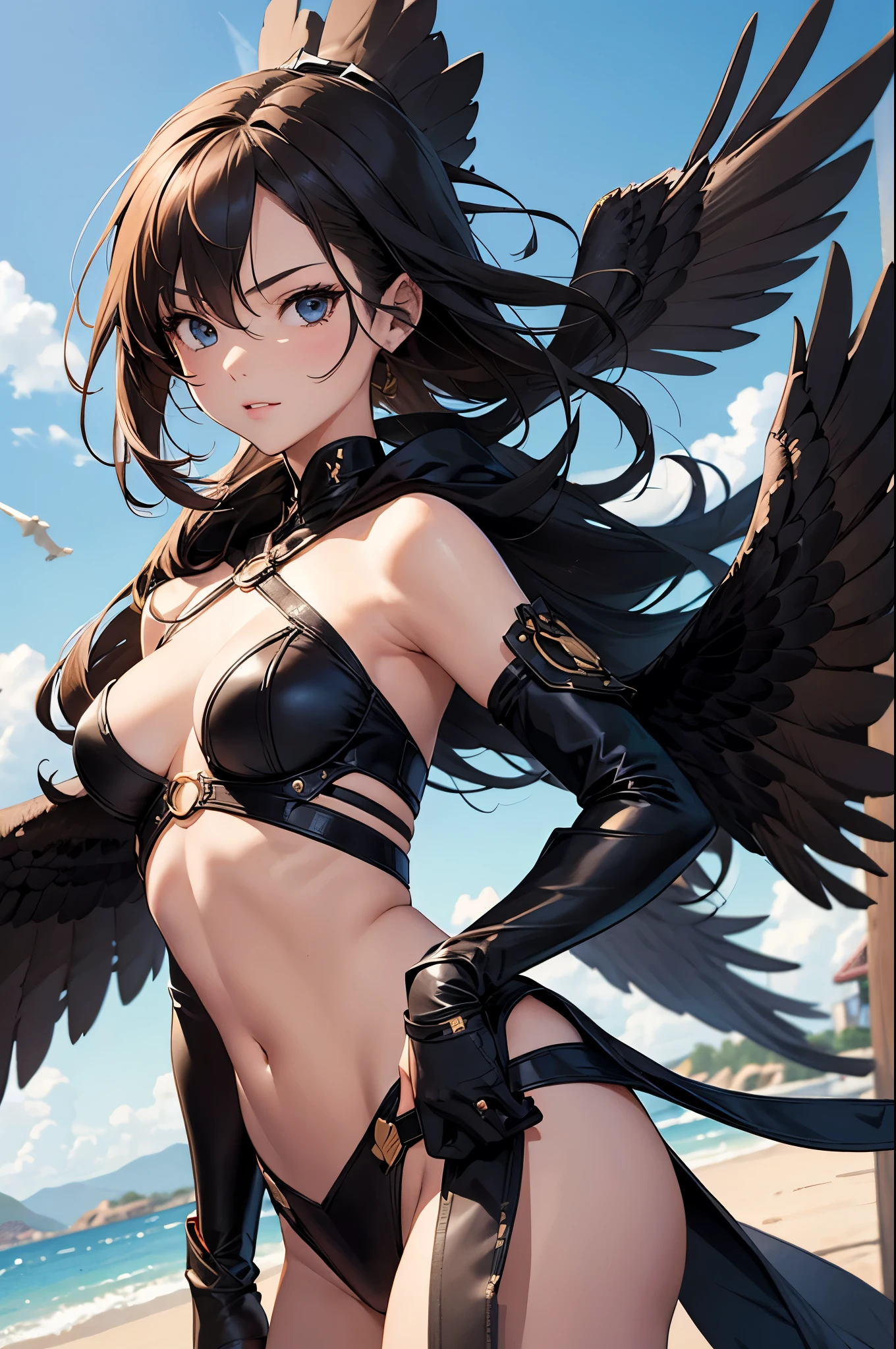 a sexy woman, (best quality), (masterpiece), (1girl), slim, anime, (flat chested), (protrait), (hawk outfit), (front view)