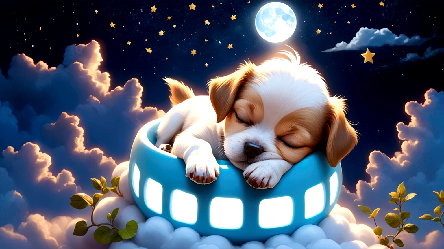 cute little dog sleeping in the clouds