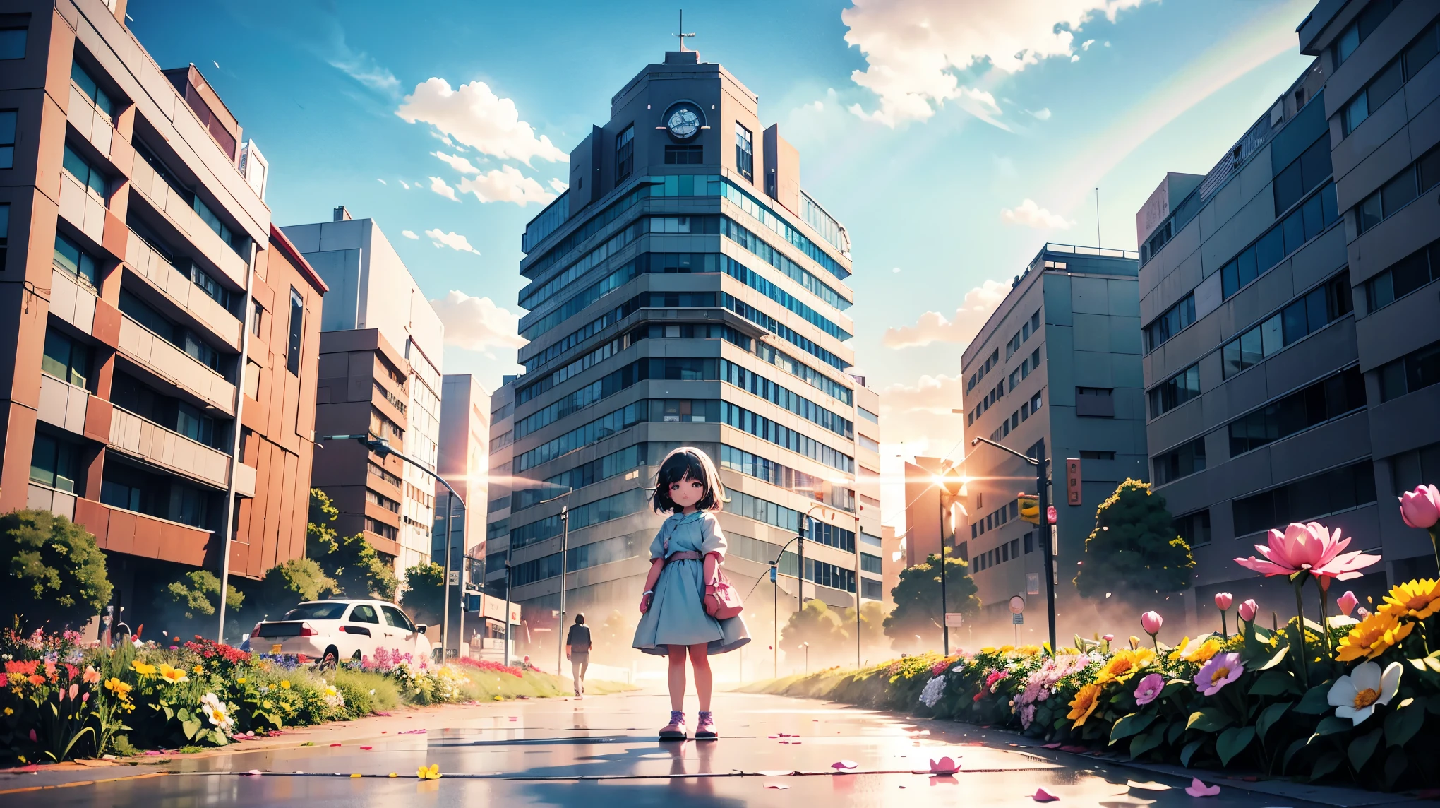 A vibrant flower blooms on the dirty ground of a large gray avenue. A crowd of gray, soulless people crosses the streets. A colorful , glowing with bright hues, stands protectively over the flower, protecting it with her little hands and determined eyes. Sunlight breaks through the dark clouds. Studio Ghibli style
