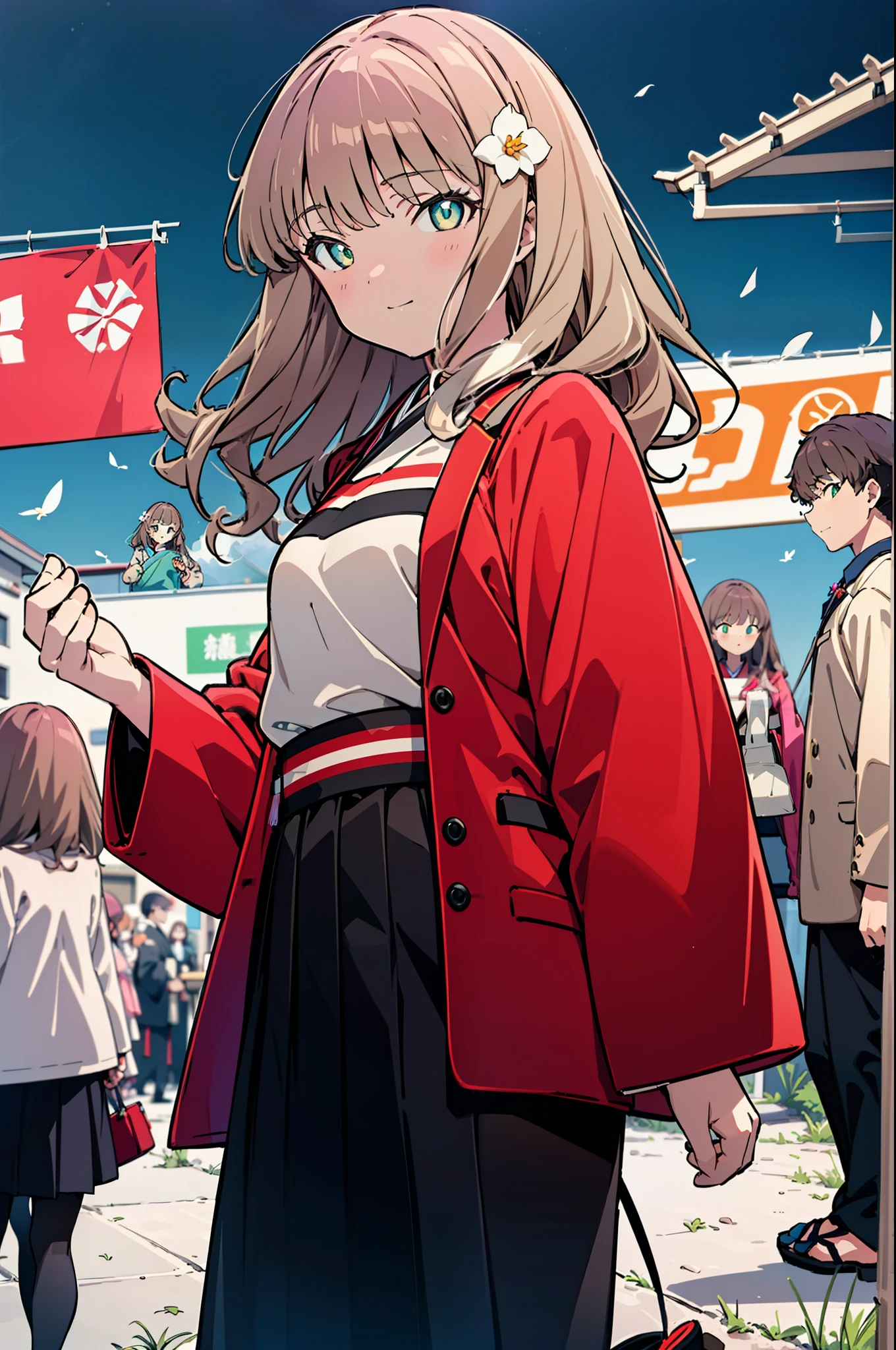 Yume Minami,sss dynazenon ,Brown Hair,Green Eyes,hair tied back,Flower hair ornament,Black Japanese Clothing,Long skirt,Sandals,whole bodyがイラストに入るように,smile,break outdoors, Festival,break looking at viewer, whole body,(Cowboy Shot:1. 5) , break (masterpiece:1.2), Highest quality, High resolution, unity 8k wallpaper, (shape:0.8), (Beautiful and beautiful eyes:1.6), Highly detailed face, Perfect lighting, Extremely detailed CG, (Perfect hands, Perfect Anatomy),
