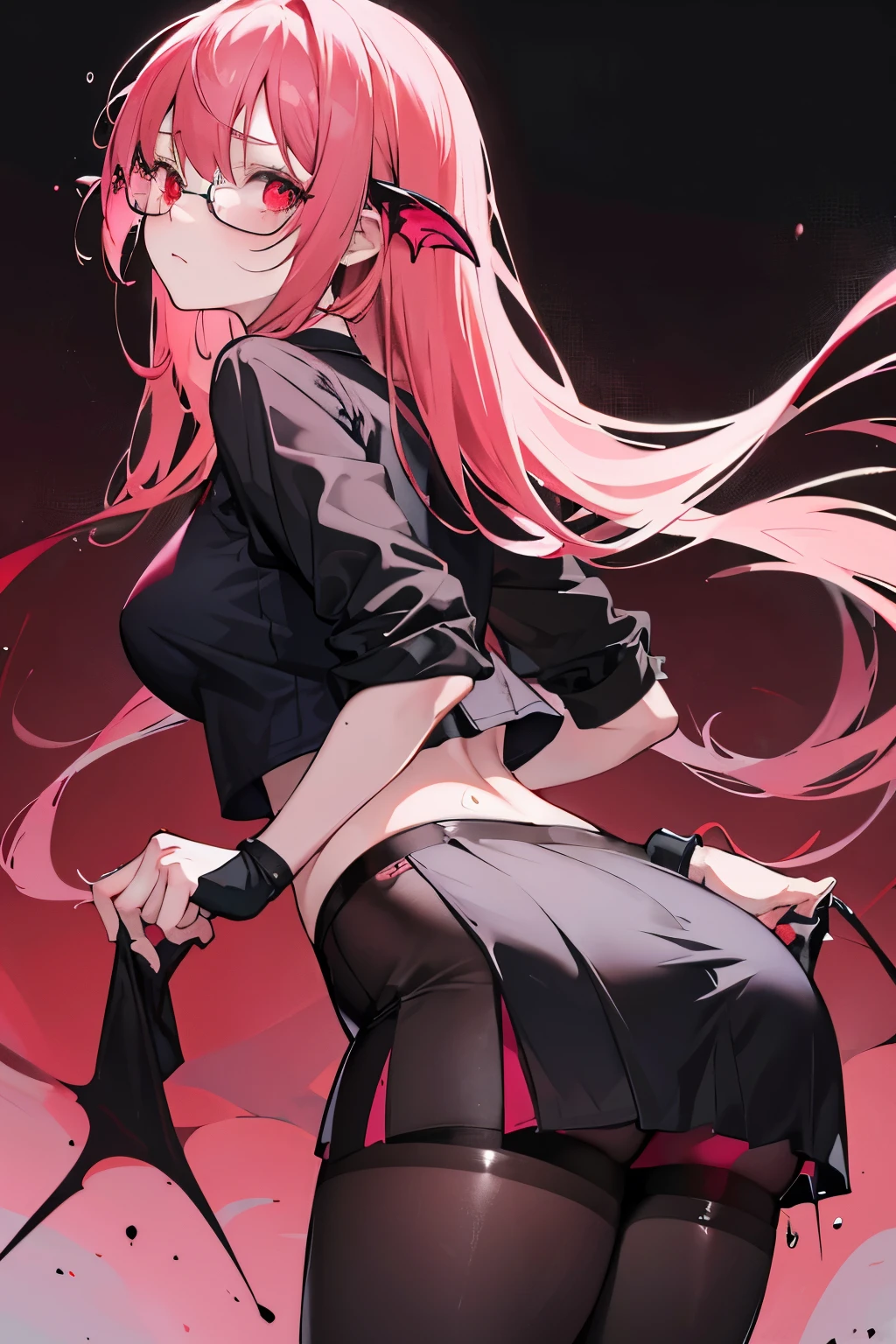 underdressing,Expression of disgust,Expression of disgust,Red Eyes,Sweat,Soaked,liquid,transparent,Cropped tops,succubus,pink,stocking,Glasses,Black pantyhose,Back