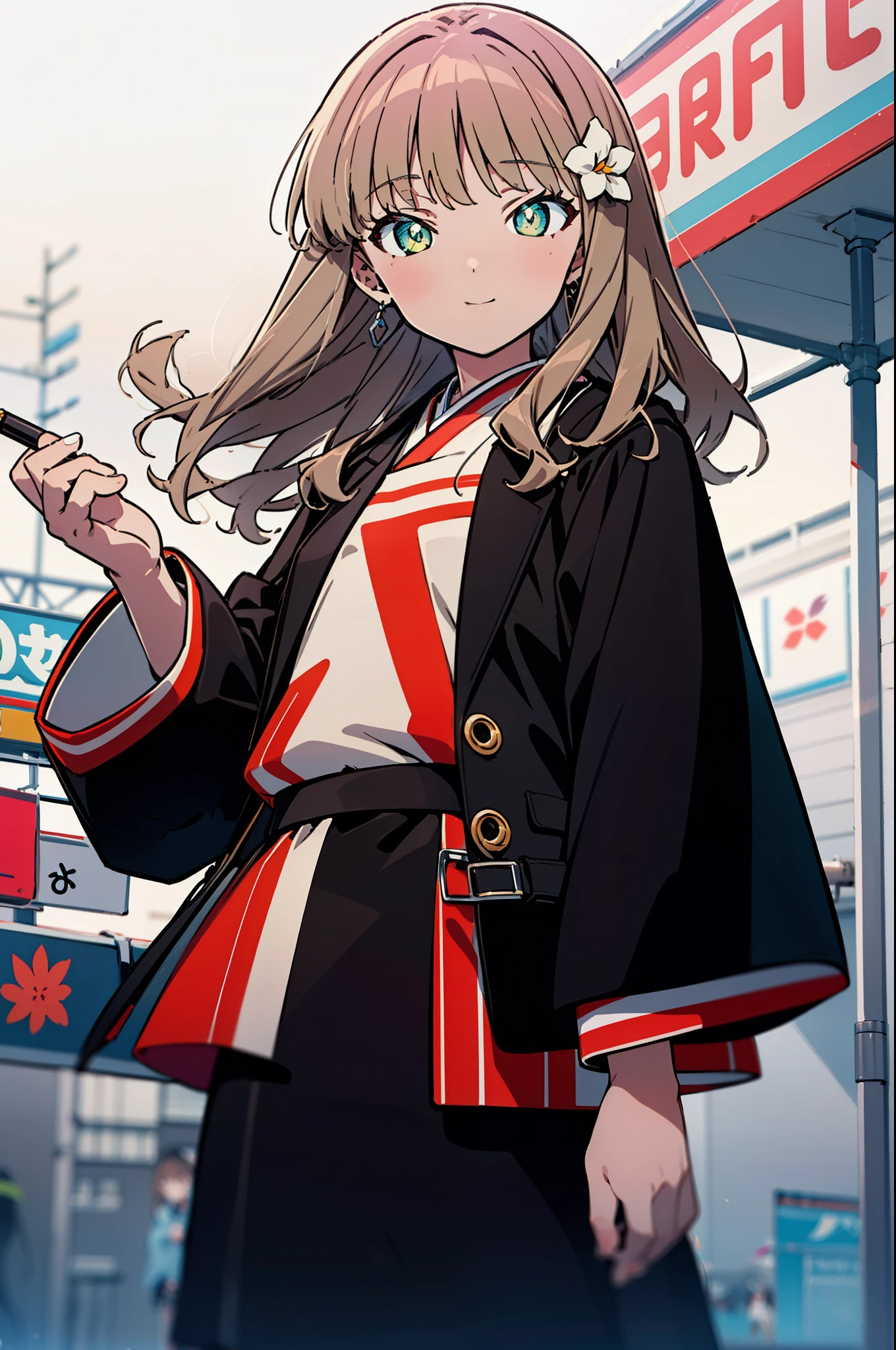 Yume Minami,sss dynazenon ,Brown Hair,Green Eyes,hair tied back,Flower hair ornament,Black Japanese Clothing,Long skirt,Sandals,whole bodyがイラストに入るように,smile,break outdoors, Festival,break looking at viewer, whole body,(Cowboy Shot:1. 5) , break (masterpiece:1.2), Highest quality, High resolution, unity 8k wallpaper, (shape:0.8), (Beautiful and beautiful eyes:1.6), Highly detailed face, Perfect lighting, Extremely detailed CG, (Perfect hands, Perfect Anatomy),