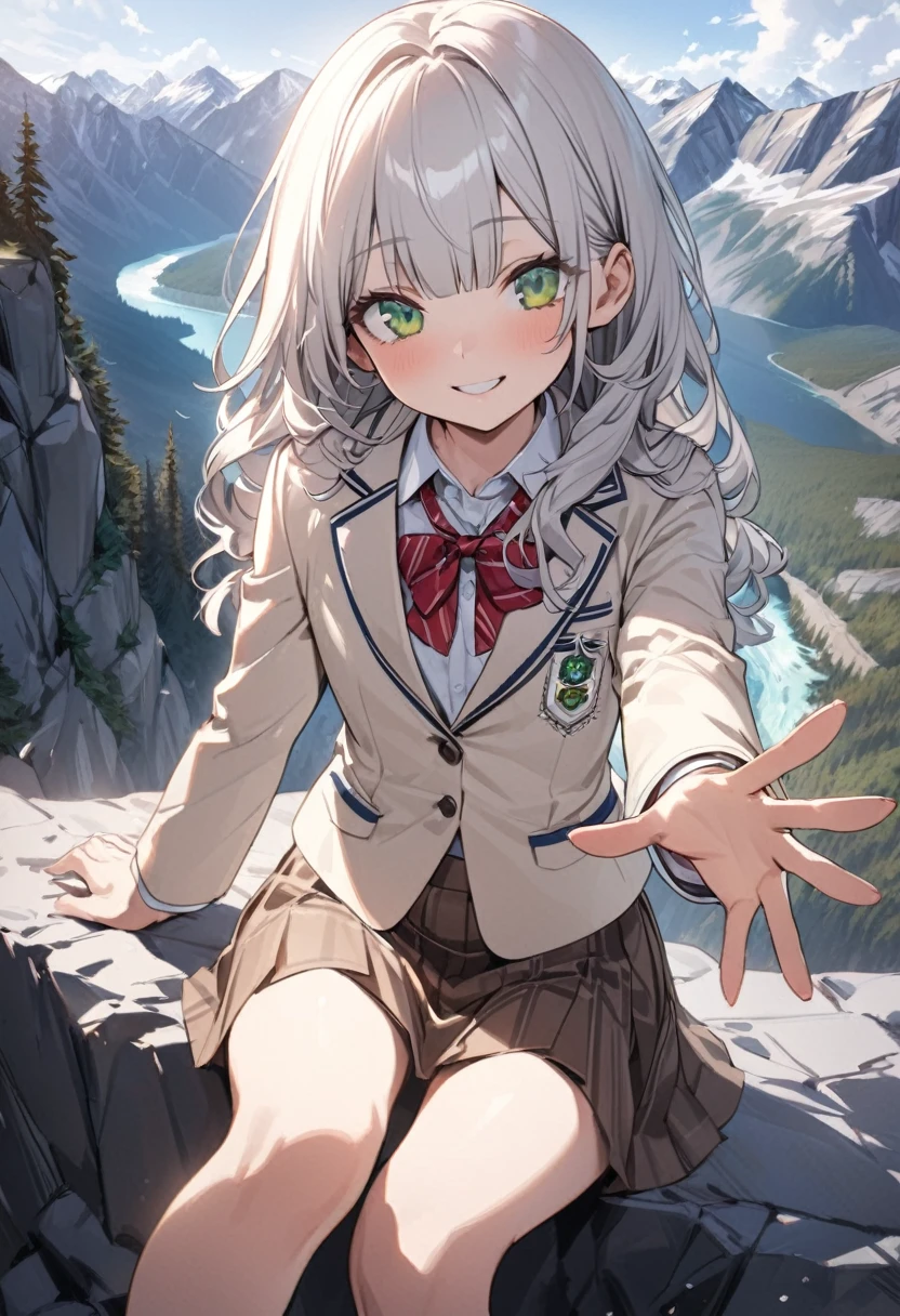 ((Masterpiece)), ((best quality)), (Anime:1.3), (super detail:1.2), (High Definition:1.3), (Professional Photography:1.3), (wide shot), (sharp focus), (perfect light), ((12 years old)), (Healthy slim body), 8K, Textured skin, cinematic lighting, (1girl), short stature, ((cute teenage young girl)), (loose blunt bangs), slightly loose curls hair, (breasts length hair), pale silver hair, (innocent smile), (cute green eyes), drooping eyes, slender waist, ((pale Ivory blazer of school uniform)), (white blouse), put on red string ribbon, (brown skirt), BREAK, ((best quality)), (super detail:1.2), sunnyday, Beautiful Cliffs over 100 meters above sea level, reaching hand, (Relaxed sitting on the edge of great rock), ((Canadian Rockies)), summerday, Beautiful Mountains Background,