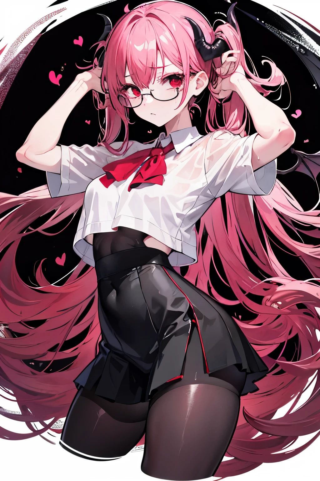 underdressing，Expression of disgust，Expression of disgust，Red Eyes，Sweat，Soaked，liquid，transparent，Cropped tops，succubus，pink，stocking，Glasses，Black pantyhose，Back