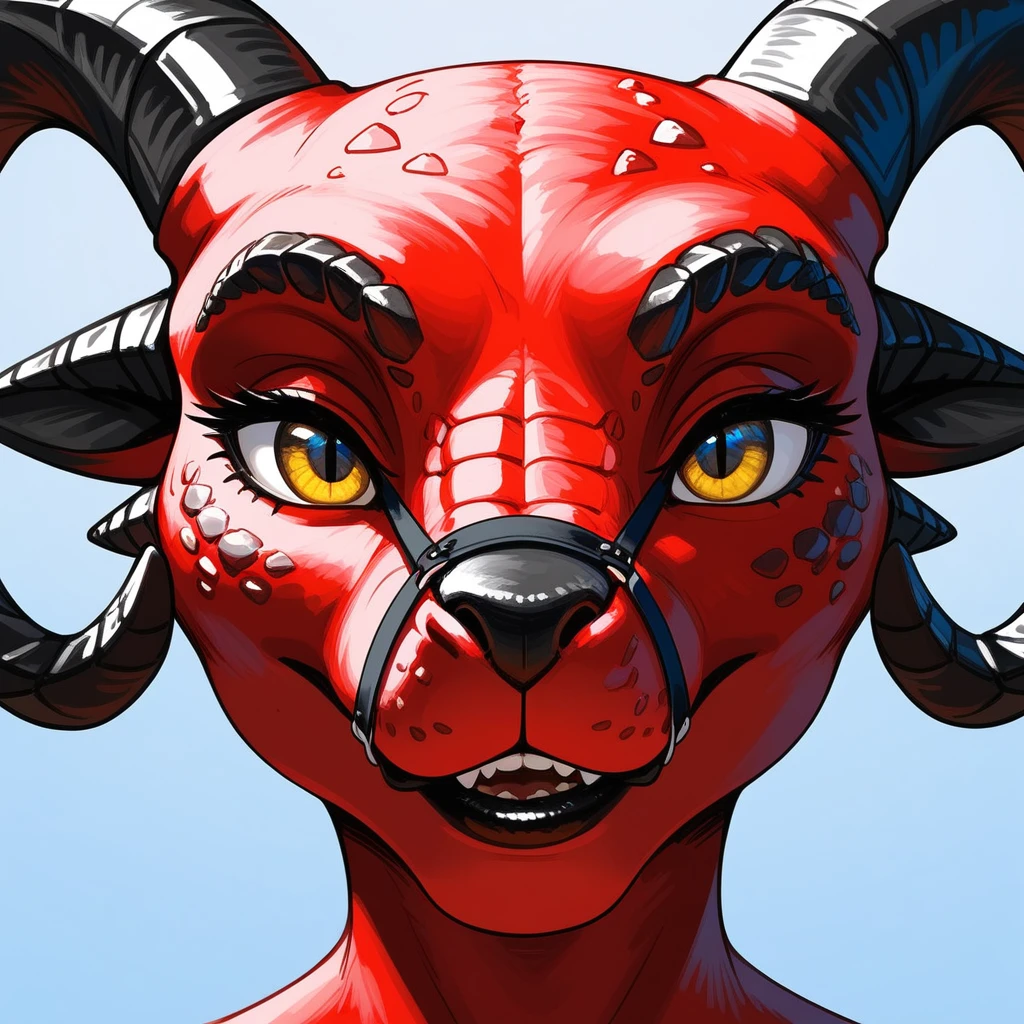 , check_9,check_8_up,check_7_up, Anthro-Argonian from Skyrim, Anthro reptile girl, muzzle, all red skin, black lips, black horns, black ram horns, black lips, naked, close up, portrait, focus on the lower part of the face, upper face is cropped out, grinning, Toothy smile,