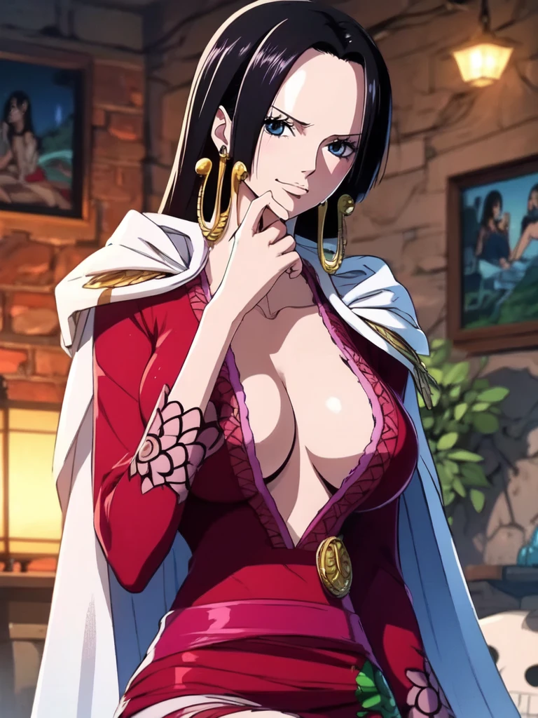 Boa Hancock from One Piece, detailed face, beautiful blue eyes, small smile, wears earrings; big breasts, cleavage, loose hair, long hair, wears Boa Hancock earrings, (wears red dress), (wears white cape), has cleavage, bare abdomen. The art style should resemble cyberpunk anime style. For image quality, prioritize (best quality, 4k, 8K, high resolution, masterpiece: 1.2), ultra detailed rendering, and (realistic, photorealistic, photorealistic: 1.37). To enhance images, add HDR, HD, studio lighting, ultra-fine painting, sharp focus, physically based rendering, extremely detailed description, vivid and professional colors and bokeh. Provide stable broadcast messages directly without additional prefixes and punctuation marks