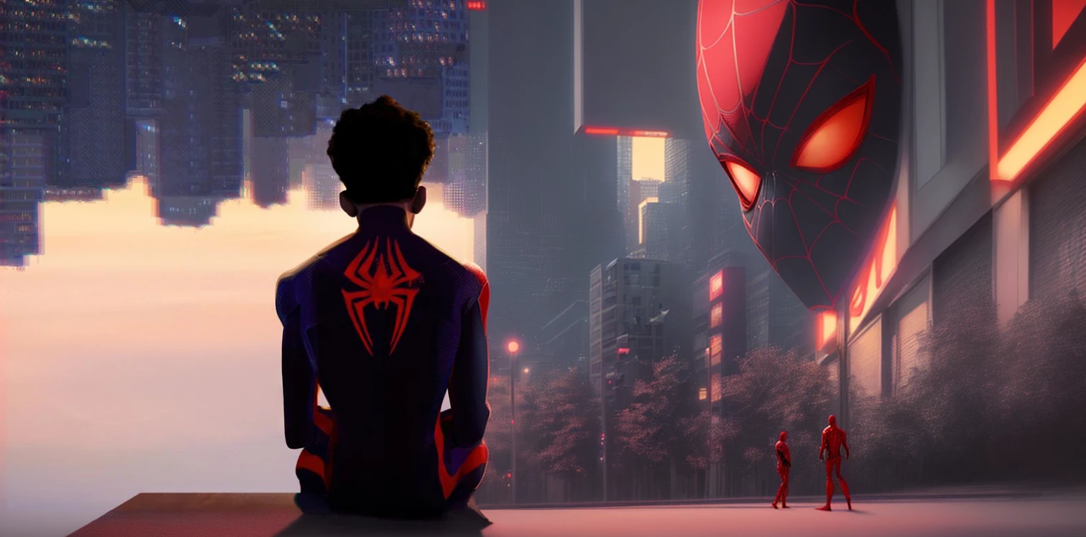 Spiderman into the spider - verse, in the spider verse, into the SpiderVerse, Donald Glover as Miles Morales, Miles Morales, SpiderVerse, Miles Morales!!!, spider - artistic style in verse, futuristic style Spiderman, Peter Parker, Spiderman, Spiderman, hero pose colorful city lighting, Peter Parker as Spiderman, portrait of Spiderman, Spiderman