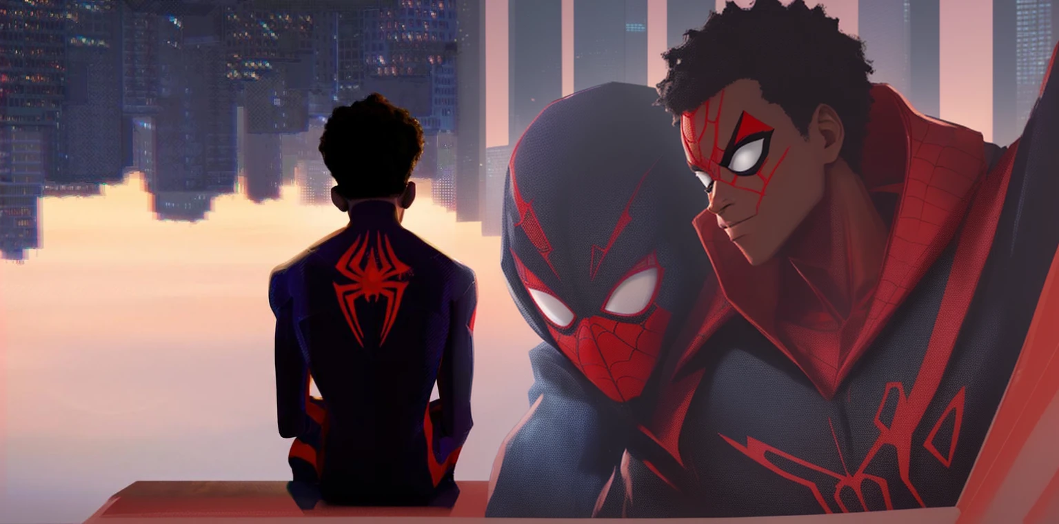 Spiderman into the spider - verse, in the spider verse, into the SpiderVerse, Donald Glover as Miles Morales, Miles Morales, SpiderVerse, Miles Morales!!!, spider - artistic style in verse, futuristic style Spiderman, Peter Parker, Spiderman, Spiderman, hero pose colorful city lighting, Peter Parker as Spiderman, portrait of Spiderman, Spiderman