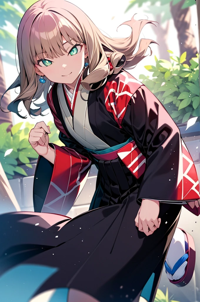 Yume Minami,sss dynazenon ,Brown Hair,Green Eyes,hair tied back,Flower hair ornament,Black Japanese Clothing,Long skirt,Sandals,whole bodyがイラストに入るように,smile,break outdoors, Festival,break looking at viewer, whole body,(Cowboy Shot:1. 5) , break (masterpiece:1.2), Highest quality, High resolution, unity 8k wallpaper, (shape:0.8), (Beautiful and beautiful eyes:1.6), Highly detailed face, Perfect lighting, Extremely detailed CG, (Perfect hands, Perfect Anatomy),