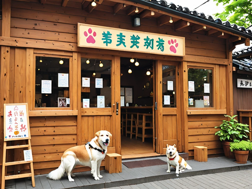 Therapy Dog Cafe「Wonderful Wonder」Appearance。In a warm wooden building、Colorful signs are posted。At the entrance、Dogs welcome visitors