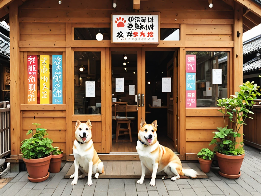 Therapy Dog Cafe「Wonderful Wonder」Appearance。In a warm wooden building、Colorful signs are posted。At the entrance、Dogs welcome visitors