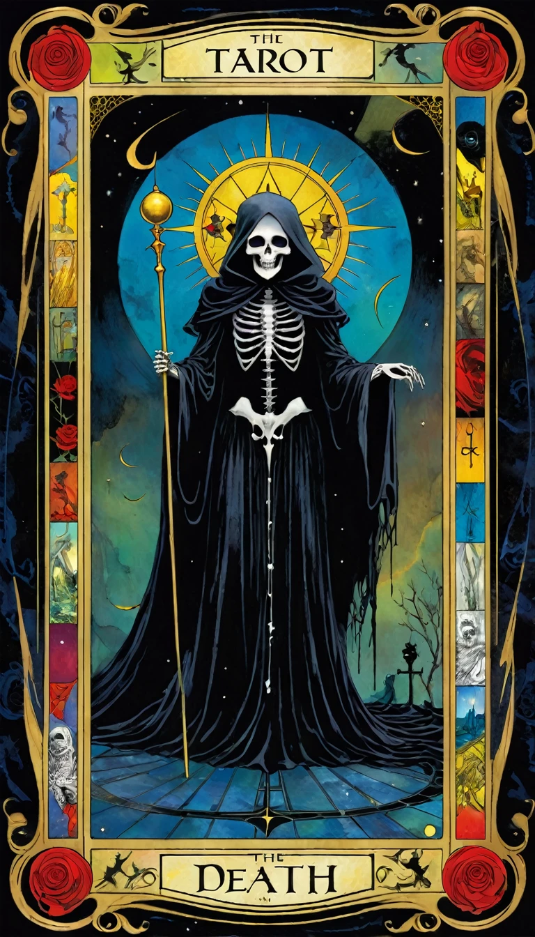 ((tarot card)) THE death((card frame)), work by Dave mcKean, vivid colors, intricate details, oil. Text in card: "THE DEATH"