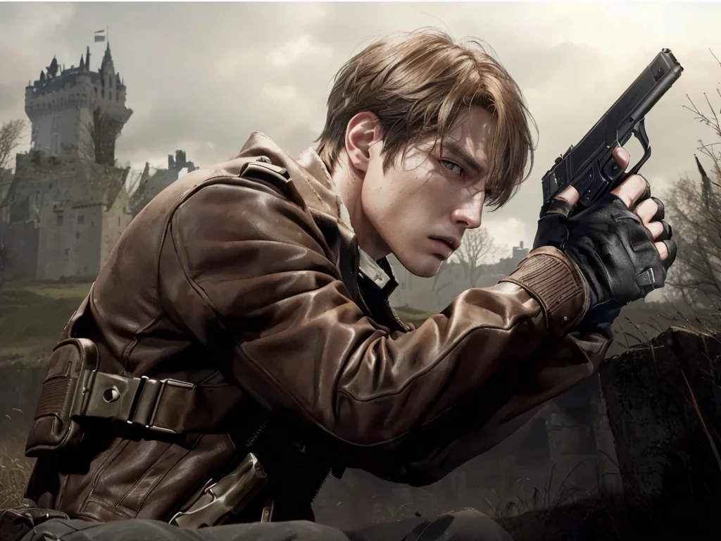 there is a man holding a gun in a field with a castle in the background, jungkook is leon s. kennedy, background of resident evil game, from ncsoft, snk, johan liebert mixed with alucard, game cg, realistic shot, 2 d cg, by Yang J, john park, concept art like ernest khalimov, cai xukun