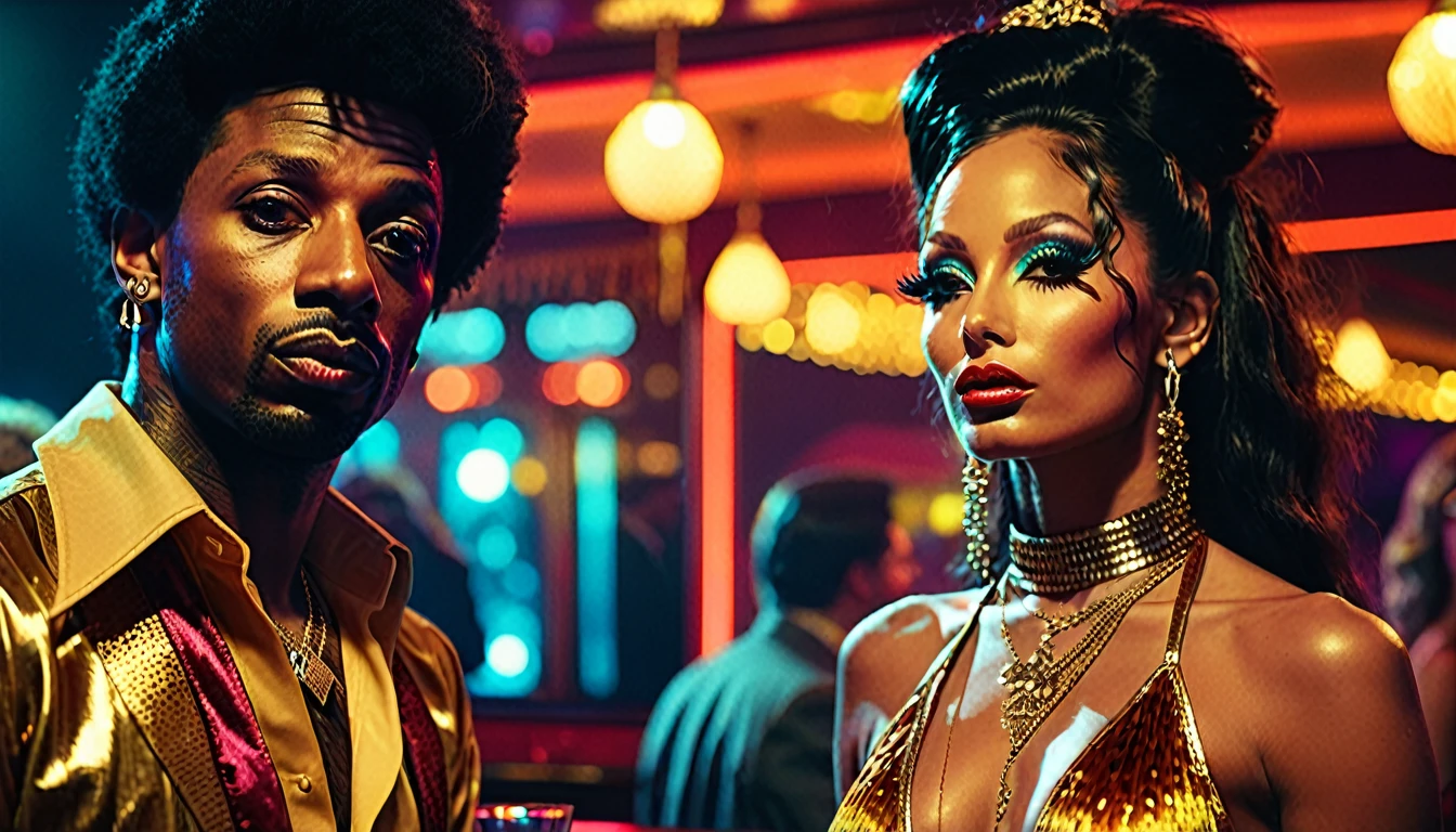 1970s photo of "21 Savage" wearing 1970s attire, he is watching a beautiful female exotic dancer, atmospheric perspective, textured skin, cinematic action, super detail,