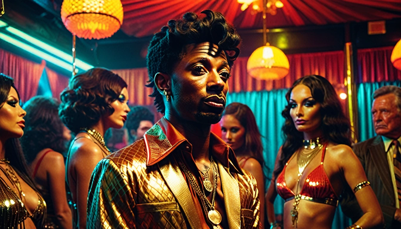 1970s photo of "21 Savage" wearing 1970s attire, he is watching a beautiful female exotic dancer, atmospheric perspective, textured skin, cinematic action, super detail,