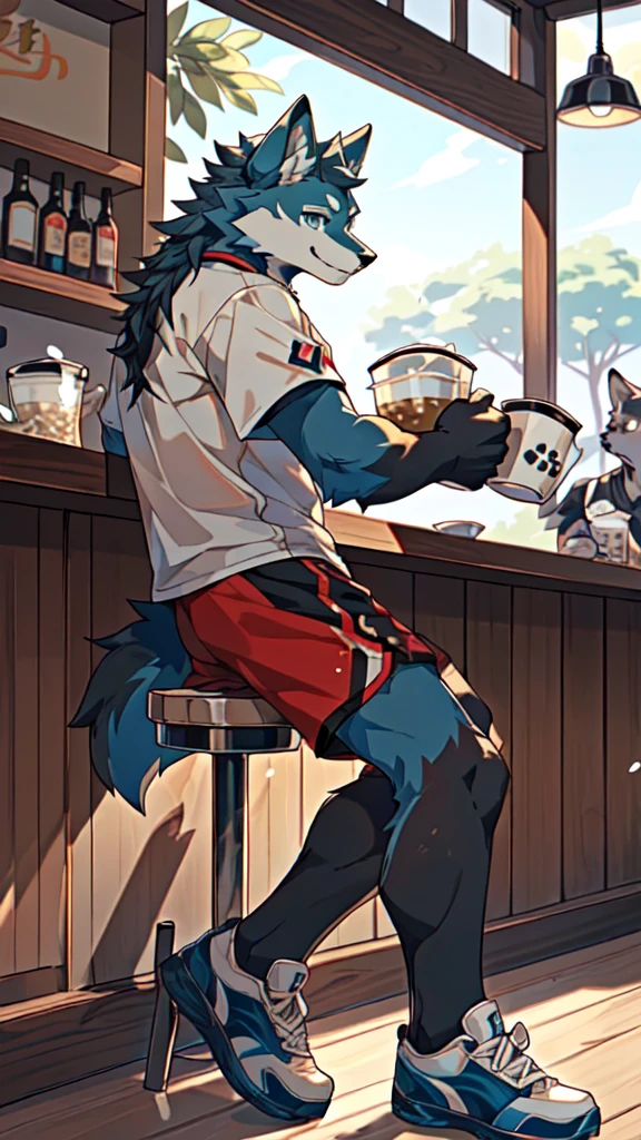 Sunlight，high resolution，4K，gay，(((whole body:1.1，Facing away from the camera:1.5)))，masterpiece，high quality，Brave and bold，((Wolf))，male，(((Milk tea shop，Sit at the bar:1.4)))，WolfFurry，(juvenile)，hairy，((Lovely，Smiling face，Long hair))，((peaceful，Gentle))，(((Well-proportioned body，Small ears，Well-proportioned limbs，Wolf尾巴:1.2，Meat pad)))，(((Green ears:1.5，Dark blue head，Dark blue back，Dark blue limbs，Brown chest，brown abdomen，Blue pupils，粉色Meat pad)))，(((Grey short sleeves，Red and black sports shorts，Blue sneakers:1.3)))，Delicate face，Exquisite eyes，Detailed body，Detailed hands，Detailed feet