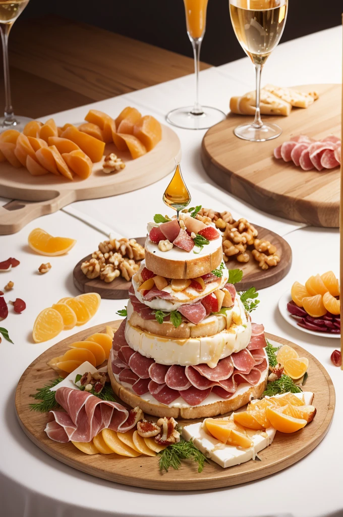 Realistic and sophisticated photography.
From different canapes, Cold cuts board, salami and parma ham, gorgonzola cheese with honey and walnuts, brie cheese with apricot and various fingerfoods, decorated with super delicate flowers.
With a rich pool at the bottom, however 90% of the photo should be focused on the food.