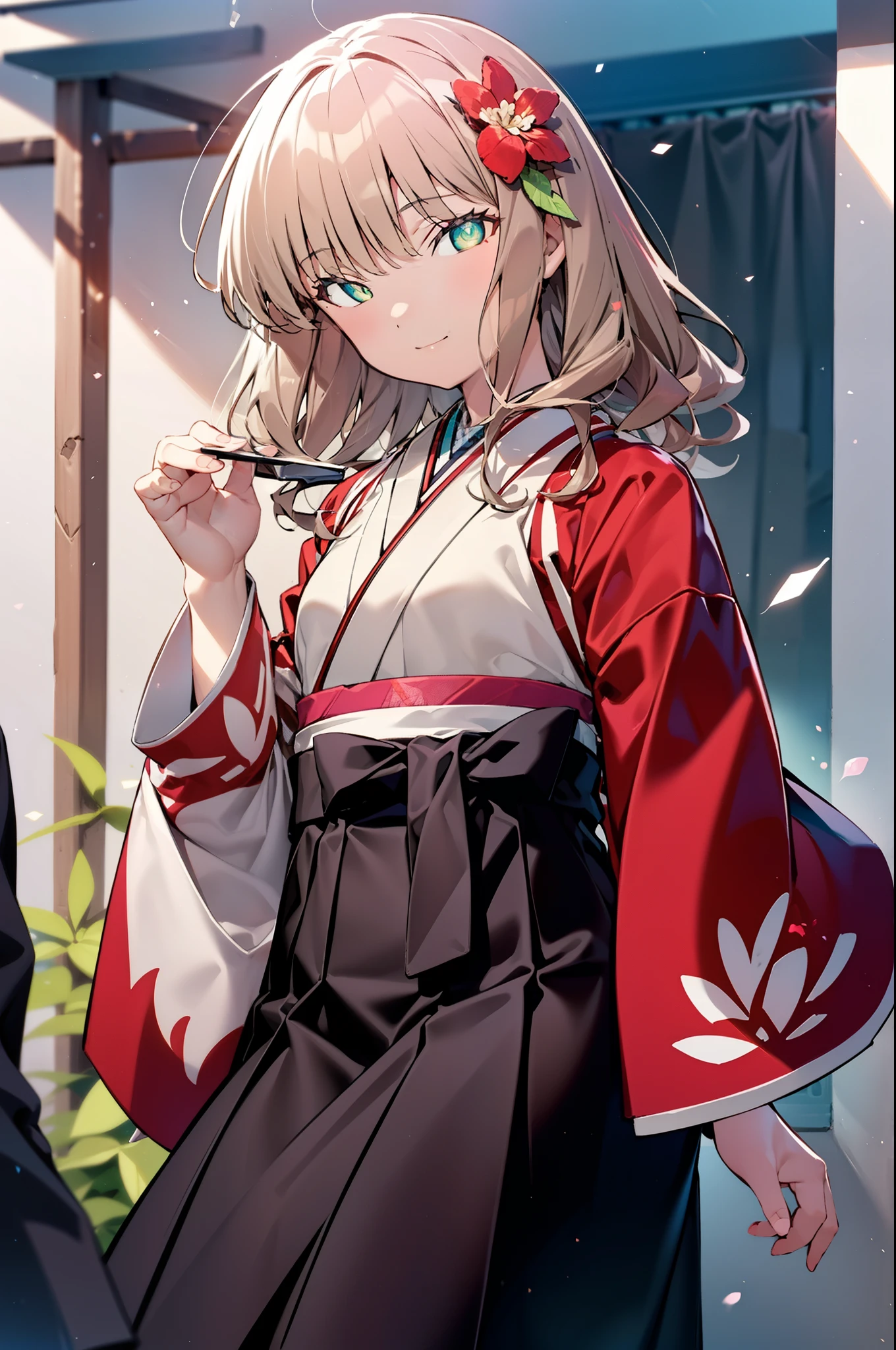 Yume Minami,sss dynazenon ,Brown Hair,Green Eyes,hair tied back,Flower hair ornament,Black Japanese Clothing,Long skirt,Sandals,whole bodyがイラストに入るように,smile,break outdoors, Festival,break looking at viewer, whole body,(Cowboy Shot:1. 5) , break (masterpiece:1.2), Highest quality, High resolution, unity 8k wallpaper, (shape:0.8), (Beautiful and beautiful eyes:1.6), Highly detailed face, Perfect lighting, Extremely detailed CG, (Perfect hands, Perfect Anatomy),