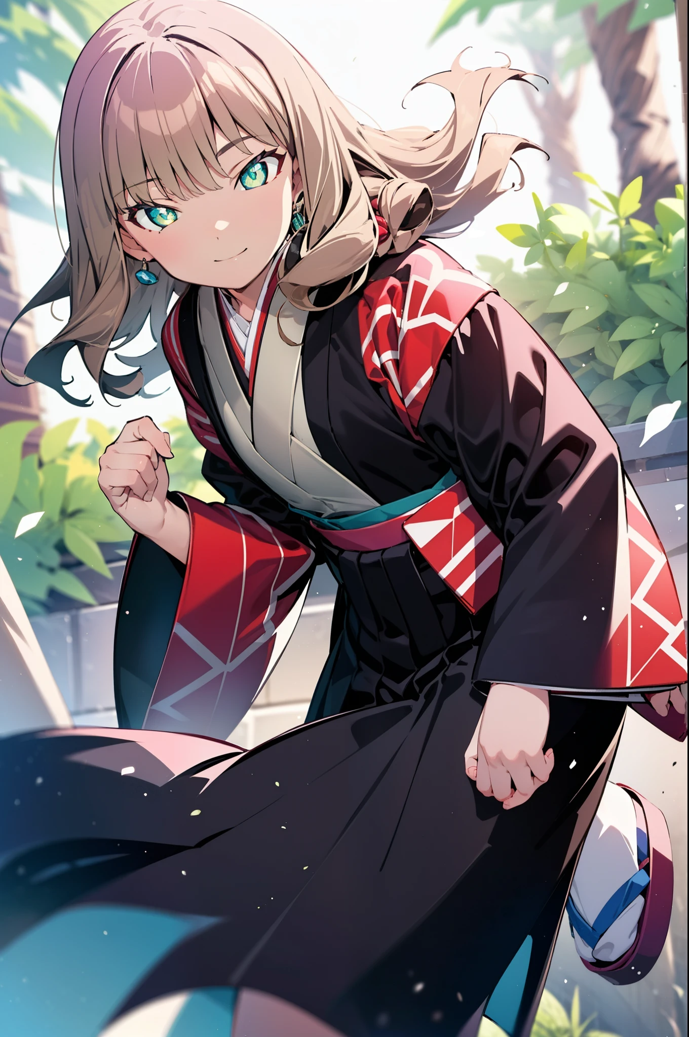 Yume Minami,sss dynazenon ,Brown Hair,Green Eyes,hair tied back,Flower hair ornament,Black Japanese Clothing,Long skirt,Sandals,whole bodyがイラストに入るように,smile,break outdoors, Festival,break looking at viewer, whole body,(Cowboy Shot:1. 5) , break (masterpiece:1.2), Highest quality, High resolution, unity 8k wallpaper, (shape:0.8), (Beautiful and beautiful eyes:1.6), Highly detailed face, Perfect lighting, Extremely detailed CG, (Perfect hands, Perfect Anatomy),
