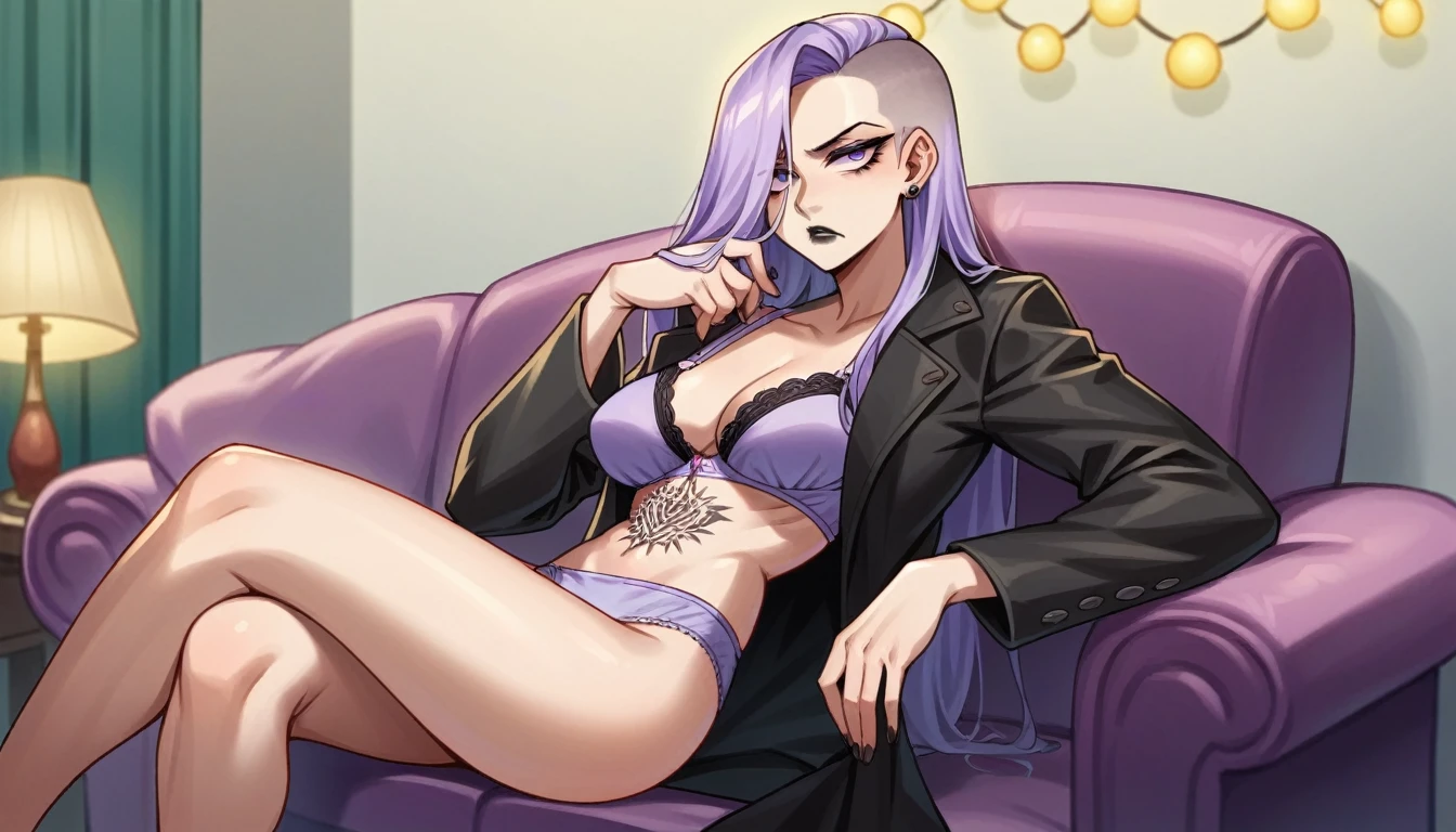 score_9, score_8_up, score_7_up, source_anime, mature woman, slender body, big long lilac sidecut hair hair, long hair, black lipstick, lilac bra, sit, black jacket, crossed legs, bored face, sidecut, halfcut hair, covered in lilac veils, lilac panties, , whole body tattoos, motel room, lilac lights
