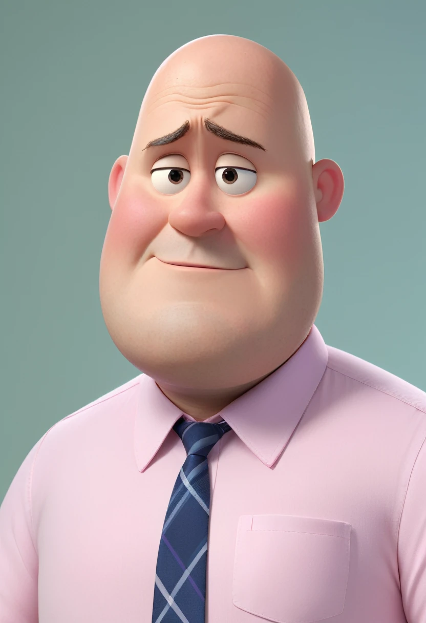 A 45 year old man, baldie, plumpness, chubby cheeks, chin hole, light pink dress shirt, Looking at the camera seriously, 3d pixar style, (best qualityer, 4K, 8K, high resolution, boss of'work of art:1.2), ultra detali, (realisitic, photorealisitic, photo-realisitic:1.37), shiny colors, studio lighting