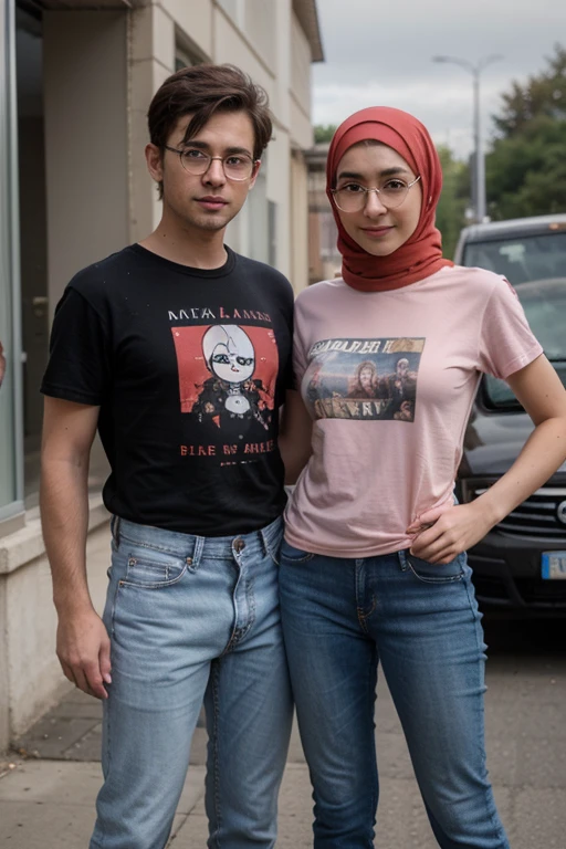 A cartoon girl and boy.
(Boy glasses in face and tshirt jeans girl not wear glasses and wear a hijab boy not wear hijab)
