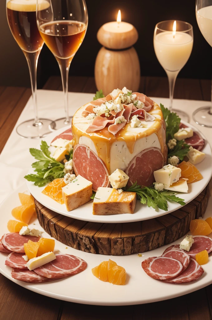 Realistic and sophisticated photography.
From different canapes, Cold cuts board, salami and parma ham, gorgonzola cheese with honey and walnuts, brie cheese with apricot and various fingerfoods, decorated with super delicate flowers.
With a rich pool at the bottom, however 90% of the photo should be focused on the food