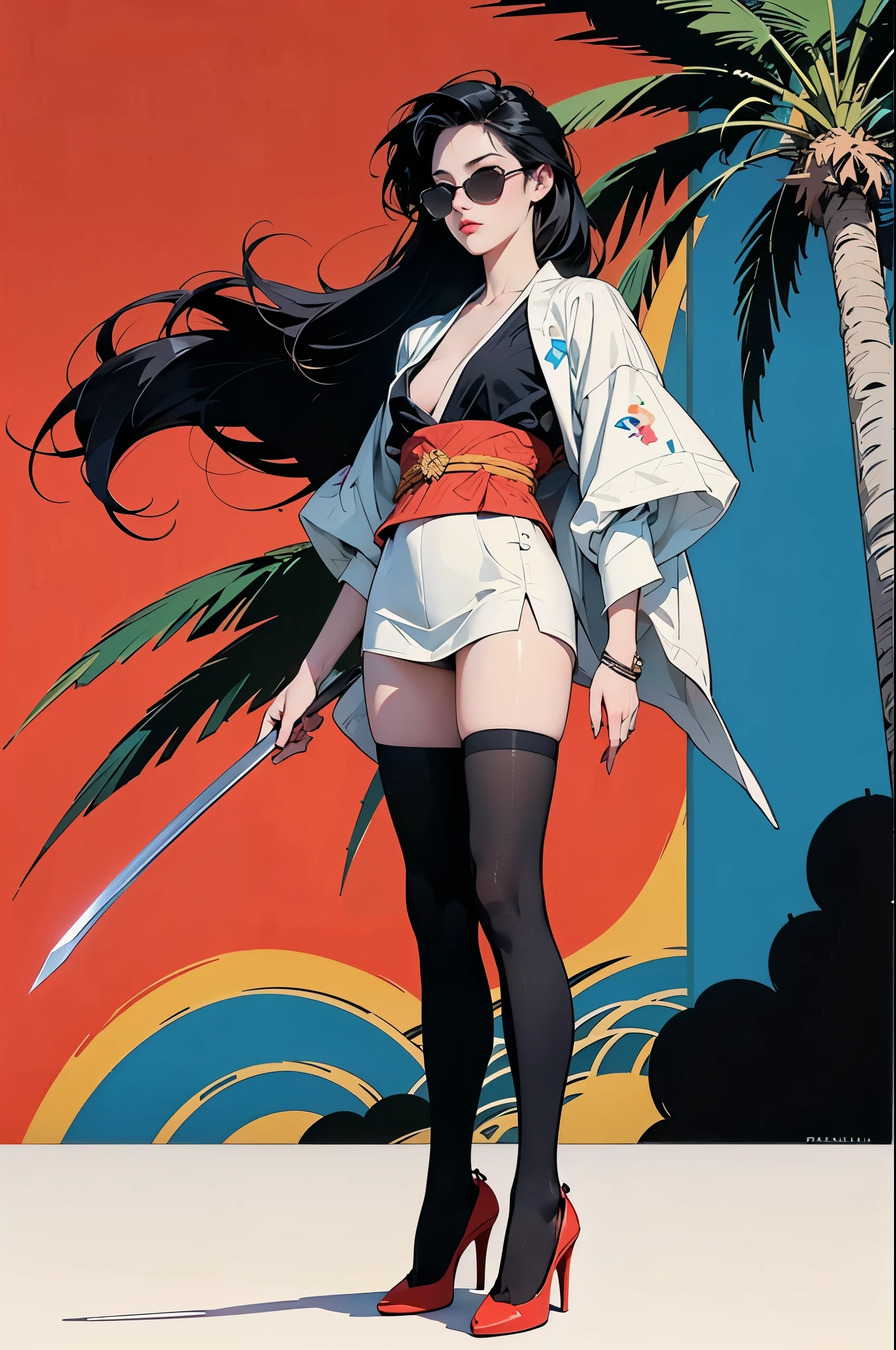 ((Art style by Patrick Nagel)), ((8k, wallpaper, detailed)), dark sunglasses, korean popstar, short kimono fashion, thighhighs, high heels, long legs, black hair, pretty hands, fringe, full body, samurai sword, (multiple girls:1.4), simple red background, palm trees, (graffiti wall:1.2), muscular, strong, courageous, art by Patrick Nagel