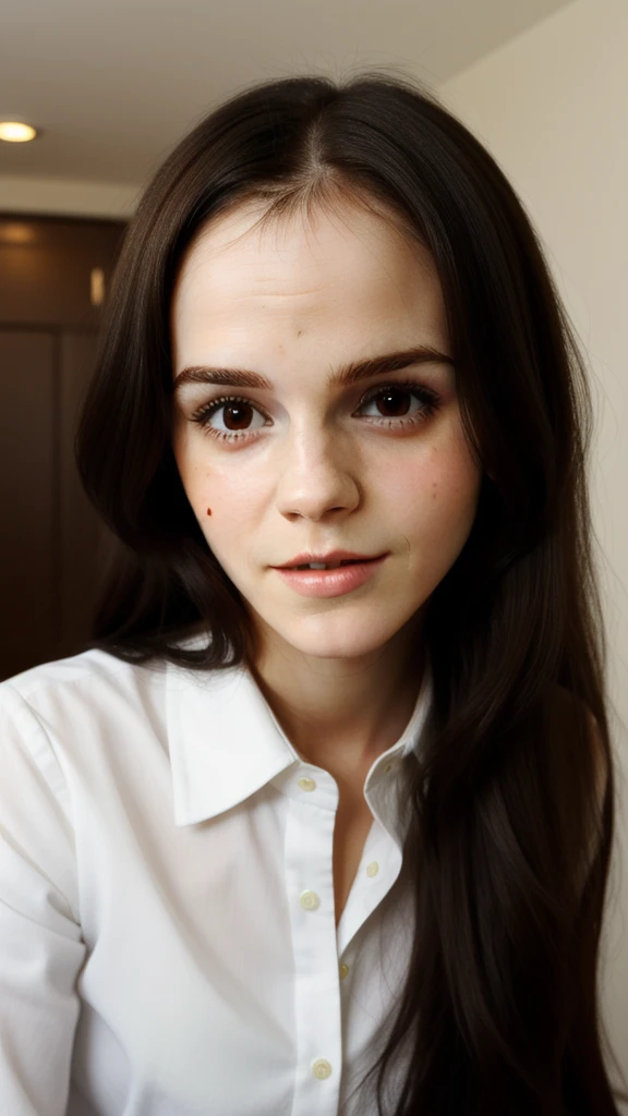 a woman at home, long black hair, mannequin, wearing white shirt, cute face, closeup Emma Watson