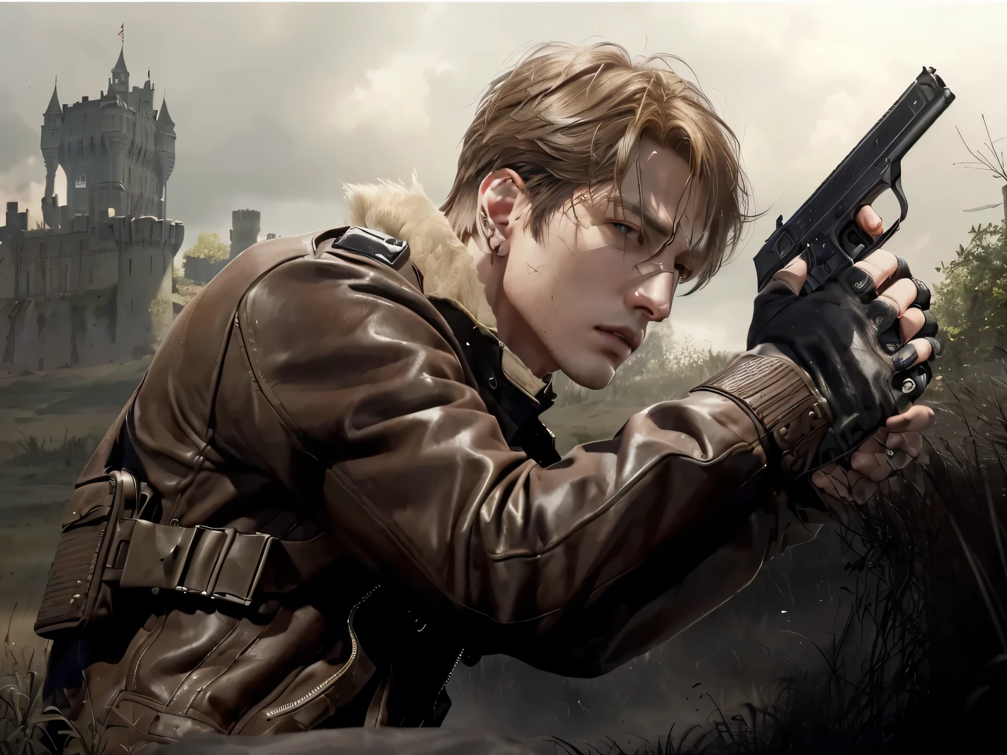 there is a man holding a gun in a field with a castle in the background, jungkook is leon s. kennedy, background of resident evil game, from ncsoft, snk, johan liebert mixed with alucard, game cg, realistic shot, 2 d cg, by Yang J, john park, concept art like ernest khalimov, cai xukun