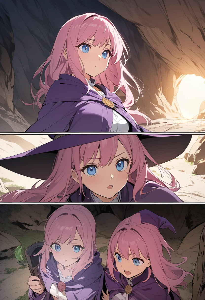 ((highest quality)), ((masterpiece)), (detailed)), persistent character, pink hair, blue eyes, witch, purple uniform, holding an amulet in her pocket, cave, interaction, comic e-book storyboard, three HQ panels, anime style, , large