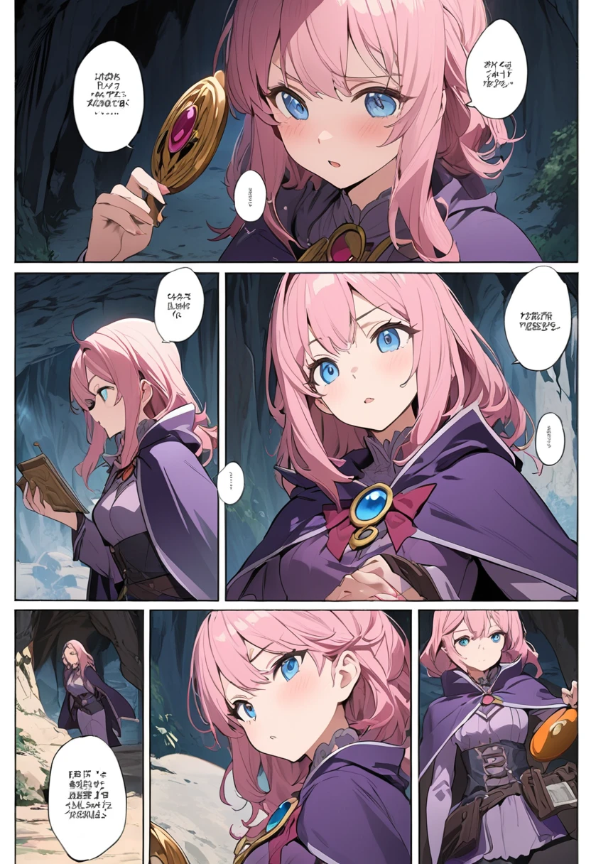 ((highest quality)), ((masterpiece)), (detailed)), persistent character, pink hair, blue eyes, witch, purple uniform, holding an amulet in her pocket, cave, interaction, comic e-book storyboard, three HQ panels, anime style, , large