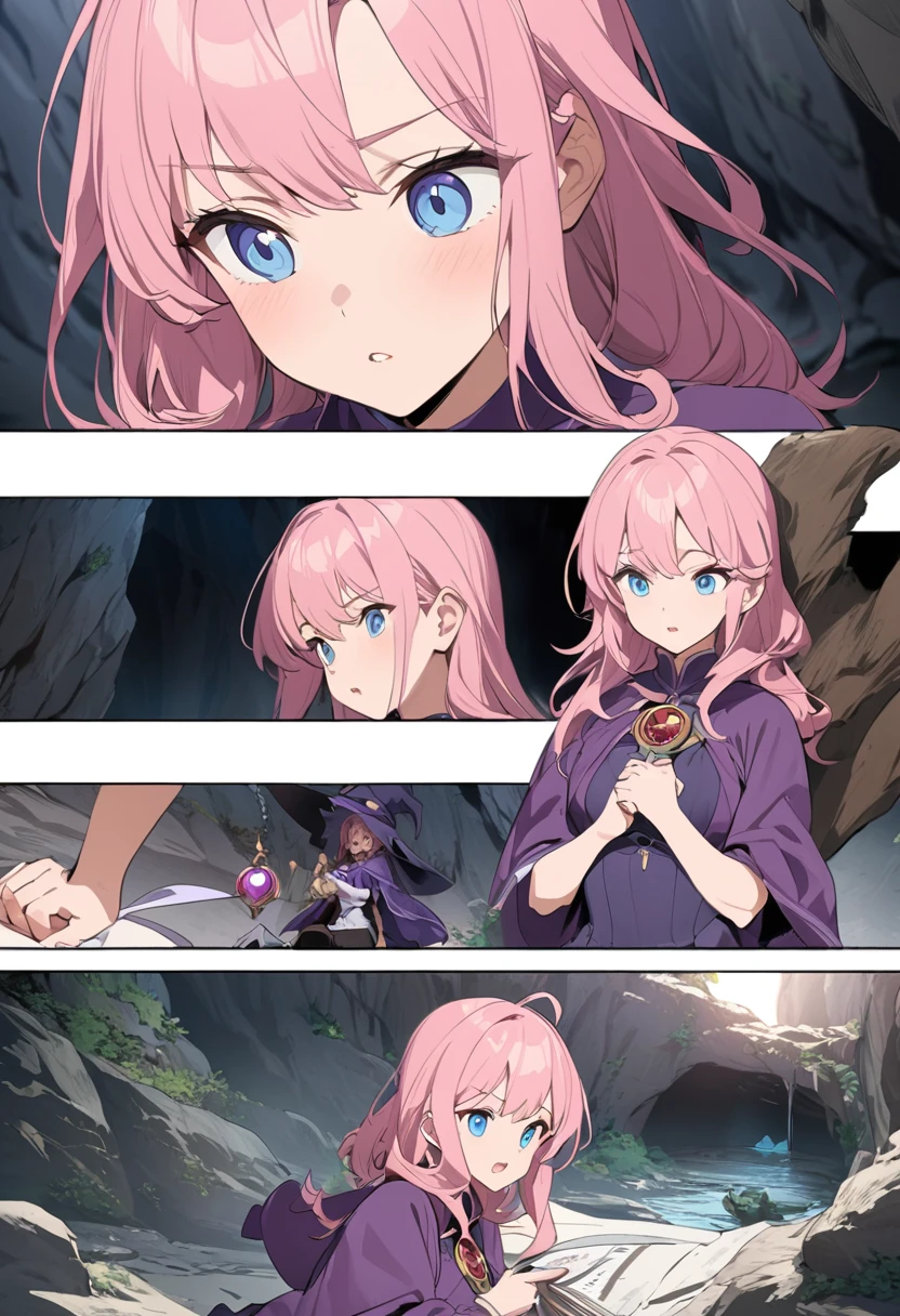 ((highest quality)), ((masterpiece)), (detailed)), persistent character, pink hair, blue eyes, witch, purple uniform, holding an amulet in her pocket, cave, interaction, comic e-book storyboard, three HQ panels, anime style, , large