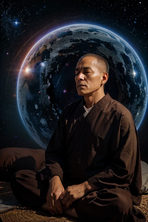 An elderly monk meditates with his eyes closed,The background is the cosmic galaxy