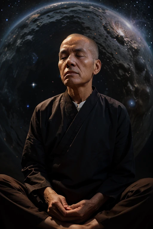 An elderly monk meditates with his eyes closed,The background is the cosmic galaxy