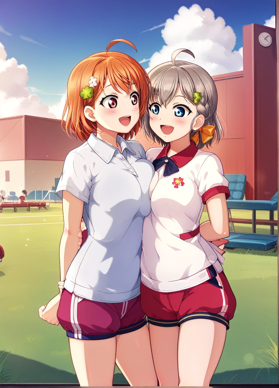 chest, View your viewers, blush, smile, short hair, Open your mouth, bangs, blue eyes, Multiple Girls, Brown Hair, shirt, hair ornaments, Red eyes, Knee socks, bow, Two Girls, meDium chest, Are standing, white shirt, Braiding, Ahoge, Short sleeve, :D, hair bow, Grey Hair, Thighs, Outdoor, null, Day, cloud, Orange Hair, blue null, Put your arms behind your back, Thighsの隙間, Day光, Grass, Breast Press, siDe Braiding, yellow bow, Gym suit, Bloomers, gym shirt, reD Bloomers, clover hair ornaments, Watanabe Yo, takami chikai'