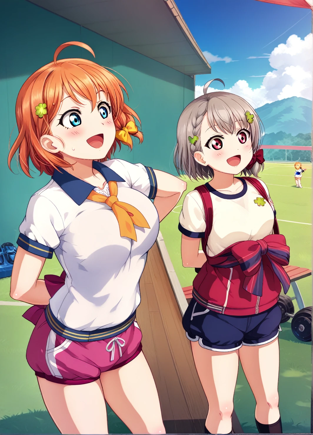 chest, View your viewers, blush, smile, short hair, Open your mouth, bangs, blue eyes, Multiple Girls, Brown Hair, shirt, hair ornaments, Red eyes, Knee socks, bow, Two Girls, meDium chest, Are standing, white shirt, Braiding, Ahoge, Short sleeve, :D, hair bow, Grey Hair, Thighs, Outdoor, null, Day, cloud, Orange Hair, blue null, Put your arms behind your back, Thighsの隙間, Day光, Grass, Breast Press, siDe Braiding, yellow bow, Gym suit, Bloomers, gym shirt, reD Bloomers, clover hair ornaments, Watanabe Yo, takami chikai'