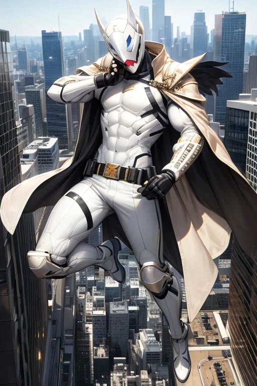 ((best quality)), ((masterpiece)), (detailed), 1 boy, full body, 19 years old, masked, white mask covering his entire head, smooth head, mask covering his mouth, large black goggles, black aviation mouthguards, black collar, tall and thin, very thin, long beige trench coat, open trench coat showing his chest, black fingerless gloves, white wristbands, white nanotech suit resembling light armor, white chest with an I, luminous blue letter "I" emblem on the chest, letter I, black pants, white knee pads, metallic white shoes, superhero belt, nanotechnology in the air, flying on a building, city background, anime