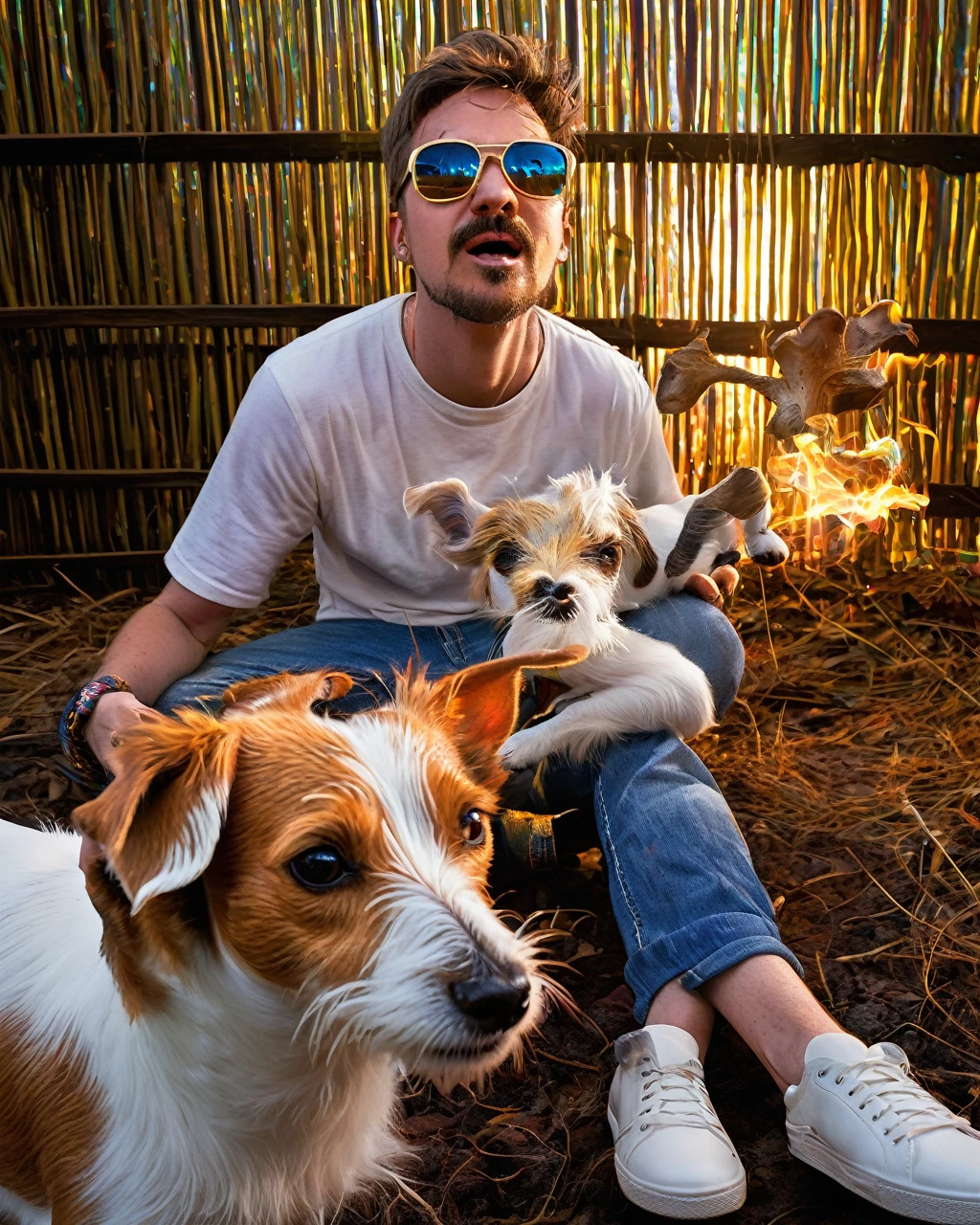 a white and tan jack russell terrier named George ate all of his owner's psychedelic psilocybin mushrooms and now he finds himself tripping BALLS on a wacky wild adventure with his new best friend who happens to be a brown and white GOAT named Kevin, digital illustration, holographic, firey, fire, photorealistic, whimsical, colourful lighting, wide angle lens, slow shutter speed