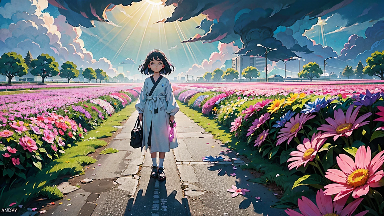 A vibrant flower blooms on the dirty ground of a large gray avenue. A crowd of gray, soulless people crosses the streets. A colorful , glowing with bright hues, stands protectively over the flower, protecting it with her little hands and determined eyes. Sunlight breaks through the dark clouds. Studio Ghibli style