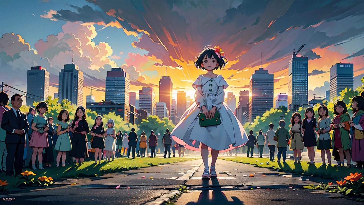 A vibrant flower blooms on the dirty ground of a large gray avenue. A crowd of gray, soulless people crosses the streets. A colorful , glowing with bright hues, stands protectively over the flower, protecting it with her little hands and determined eyes. Sunlight breaks through the dark clouds. Studio Ghibli style