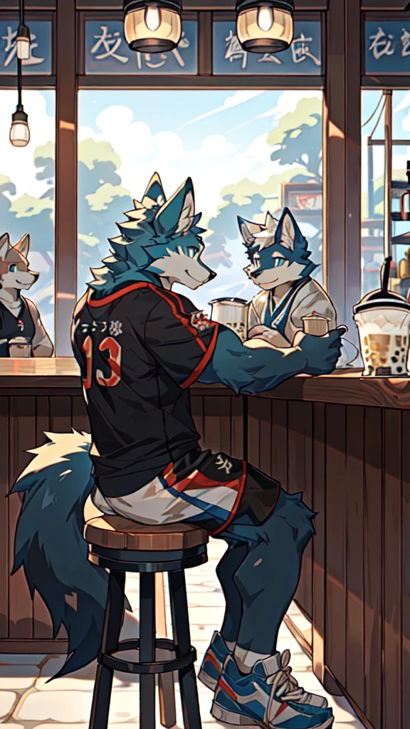 Sunlight,high resolution,4K,gay,(((whole body:1.1,Facing away from the camera:1.5))),masterpiece,high quality,Brave and bold,((Wolf)),male,(((Milk tea shop,Sit at the bar:1.4))),WolfFurry,(juvenile),hairy,((Lovely,Smiling face,Long hair)),((peaceful,Gentle)),(((Well-proportioned body,Small ears,Well-proportioned limbs,Wolf尾巴:1.2,Meat pad))),(((Green ears:1.5,Dark blue head,Dark blue back,Dark blue limbs,Brown chest,brown abdomen,Blue pupils,粉色Meat pad))),(((Grey short sleeves,Red and black sports shorts,Blue sneakers:1.3))),Delicate face,Exquisite eyes,Detailed body,Detailed hands,Detailed feet