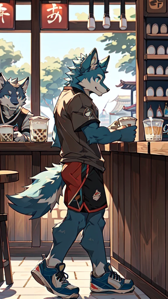 Sunlight，high resolution，4K，gay，(((whole body:1.1，Facing away from the camera:1.5)))，masterpiece，high quality，Brave and bold，((Wolf))，male，(((Milk tea shop，Sit at the bar:1.4)))，WolfFurry，(juvenile)，hairy，((Lovely，Smiling face，Long hair))，((peaceful，Gentle))，(((Well-proportioned body，Small ears，Well-proportioned limbs，Wolf尾巴:1.2，Meat pad)))，(((Green ears:1.5，Dark blue head，Dark blue back，Dark blue limbs，Brown chest，brown abdomen，Blue pupils，粉色Meat pad)))，(((Grey short sleeves，Red and black sports shorts，Blue sneakers:1.3)))，Delicate face，Exquisite eyes，Detailed body，Detailed hands，Detailed feet