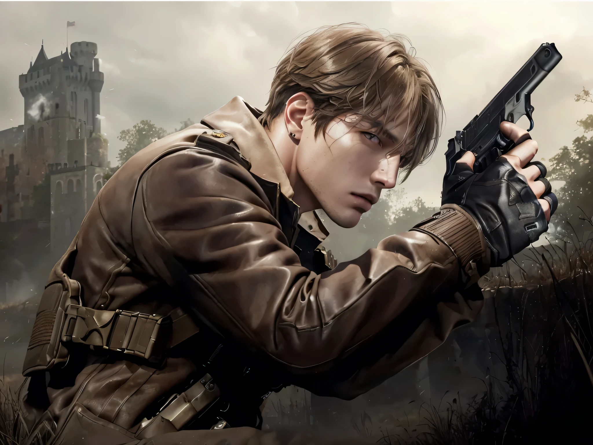 there is a man holding a gun in a field with a castle in the background, jungkook is leon s. kennedy, background of resident evil game, from ncsoft, snk, johan liebert mixed with alucard, game cg, realistic shot, 2 d cg, by Yang J, john park, concept art like ernest khalimov, cai xukun