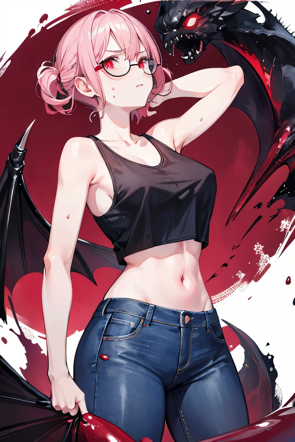 underdressing，Expression of disgust，Expression of disgust，Red Eyes，Sweat，Soaked，liquid，transparent，Cropped tops，succubus，pink，jeans，Glasses，Back