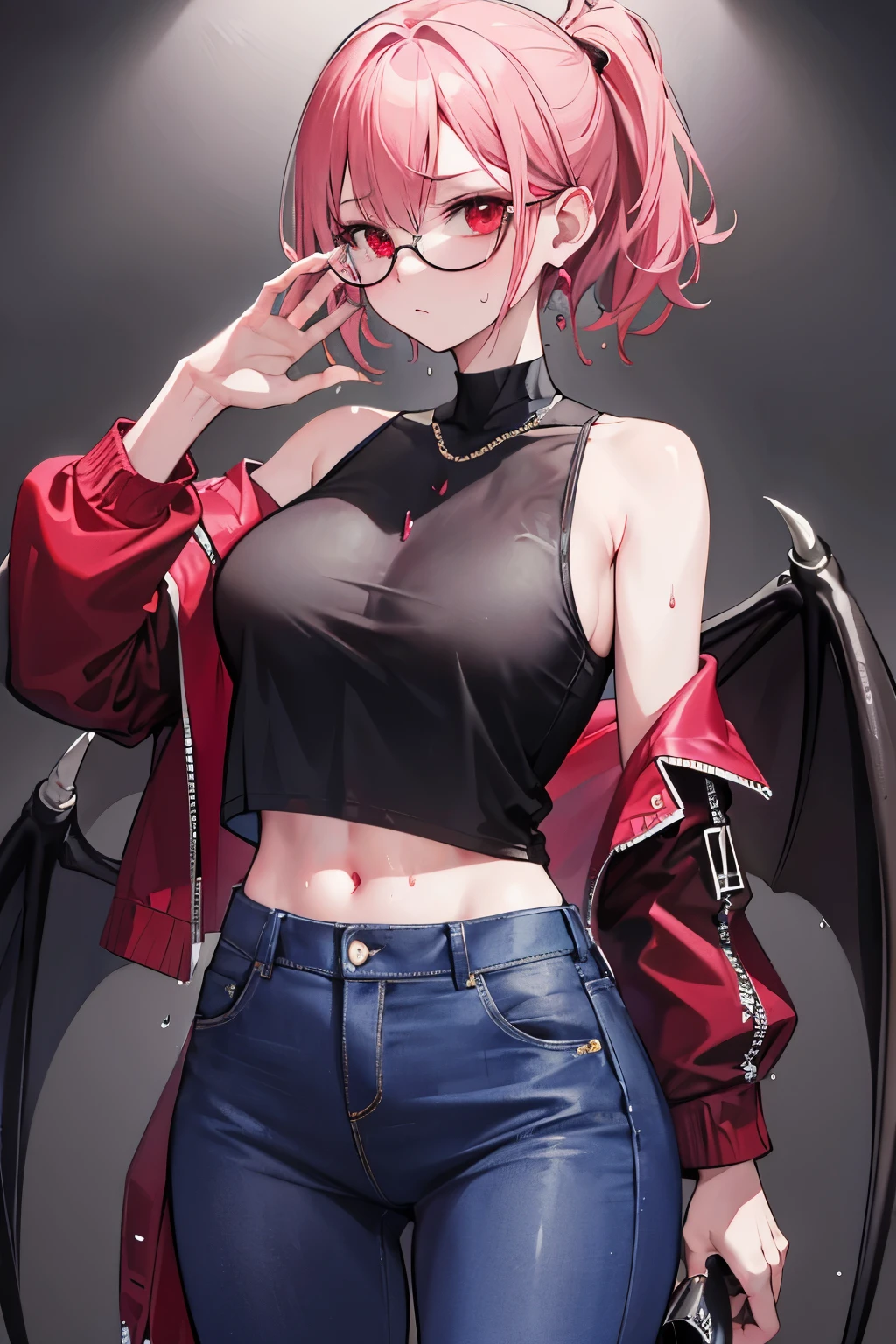 underdressing,Expression of disgust,Expression of disgust,Red Eyes,Sweat,Soaked,liquid,transparent,Cropped tops,succubus,pink,jeans,Glasses,Back