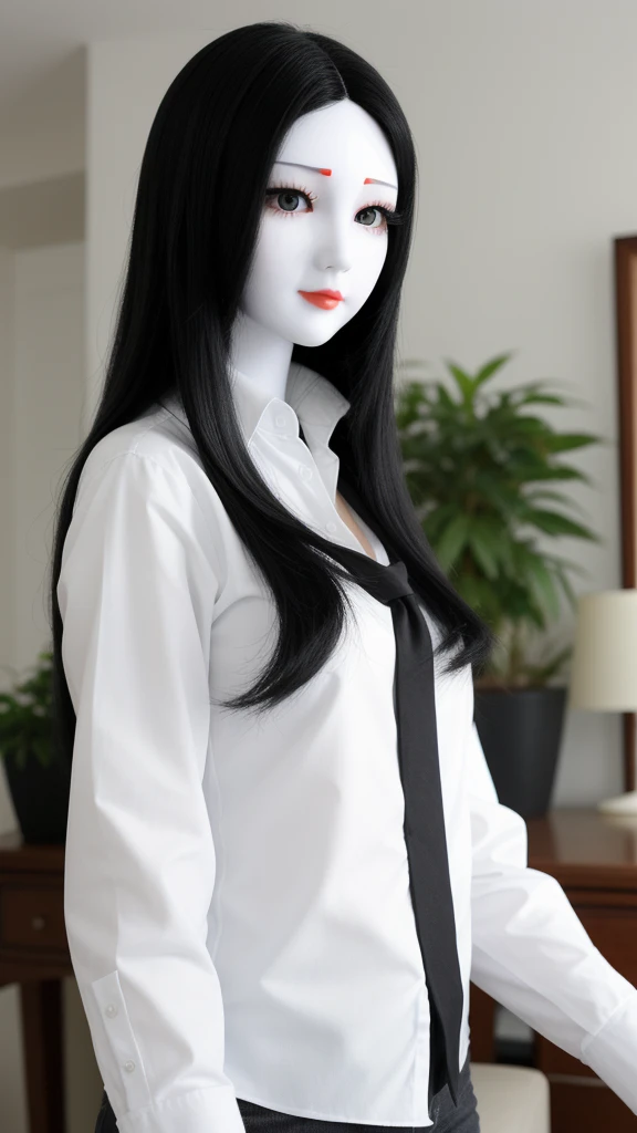 a woman at home, long black hair, mannequin, wearing white shirt, cute face,