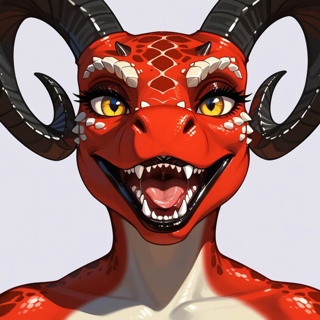 , check_9,check_8_up,check_7_up, Anthro-Argonian from Skyrim, Anthro reptile girl, muzzle, all red skin, black lips, black horns, black ram horns, black lips, naked, close up, portrait, focus on the lower part of the face, upper face is cropped out, grinning, Toothy smile,
