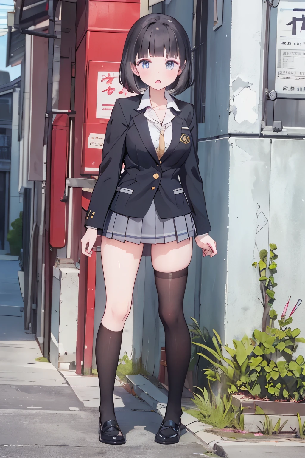 (8K、Highest quality、highest quality、masterpiece)、Detailed face、One girl、、、short hair、、blunt bangs、Grey Eyes、、、((Blazer jacket uniform))、((Pleated skirt))、((No panties))、((bent over))、Back Alley Background、Very large breasts、Nipples are visible、、Black Pantyhose、Milk dripping from nippleilk spurting from the nipple、、Open your mouth、Troubled face、Love juice from the genitals、Full body portrait、Walking around the city、One man、Hearts in the eyes、Sex with a man
