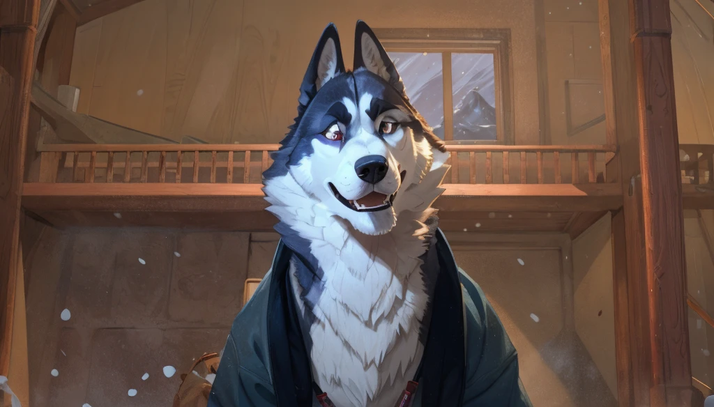 a heroic husky dog in a winter jacket, sled dog, smiling, athletic rescuer in the Arctic, detailed facial features, realistic, photorealistic, 8k, best quality, masterpiece, highly detailed, sharp focus, ultra-fine details, vivid colors, dynamic lighting, dramatic atmosphere, cinematic composition